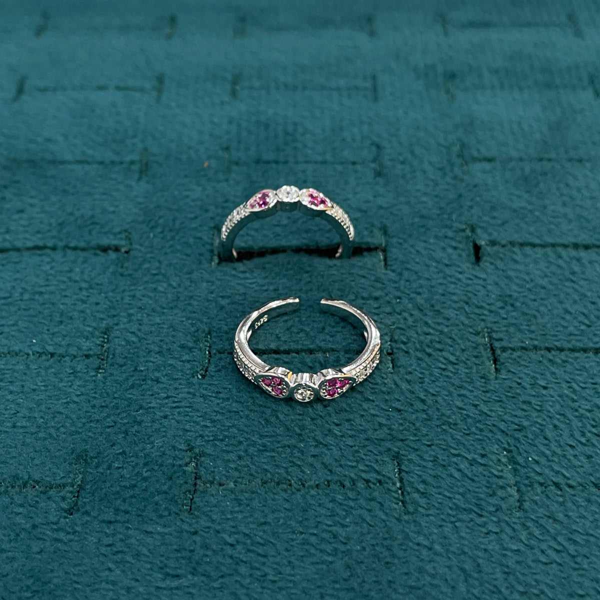 92.5 Silver Pink CZ Heart Toe Rings for Women