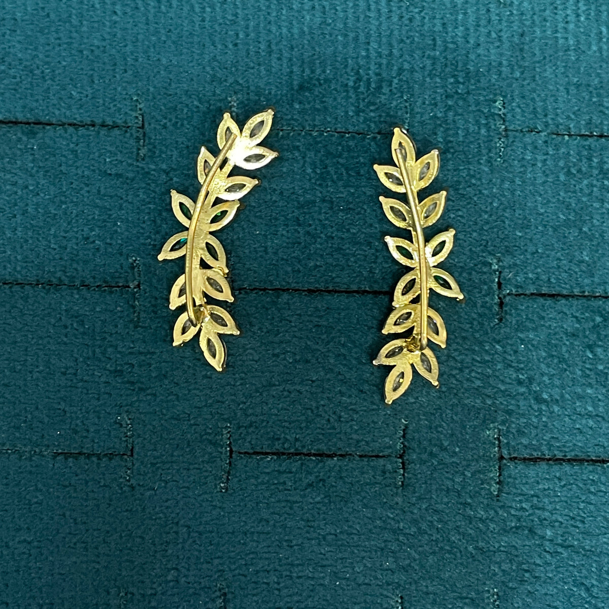92.5 silver gold plated leaf green stone earcuffs pair