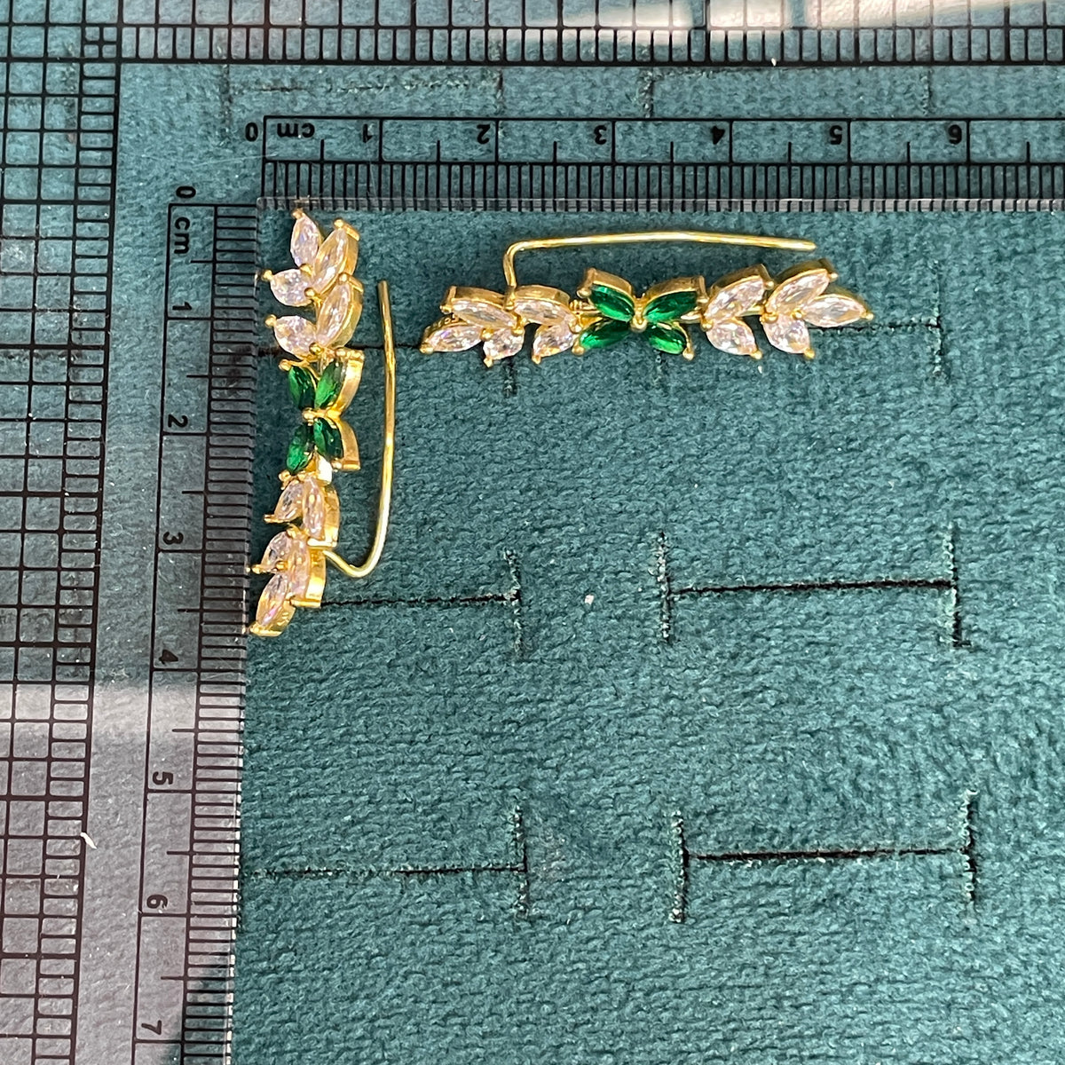 92.5 silver gold plated leaf green stone earcuffs pair