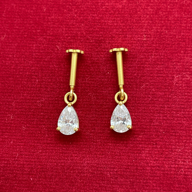 92.5 Silver Gold-Plated Bugadi for Women | White Pear-Cut CZ Dangle on Bar Stud | Helix Earring pair