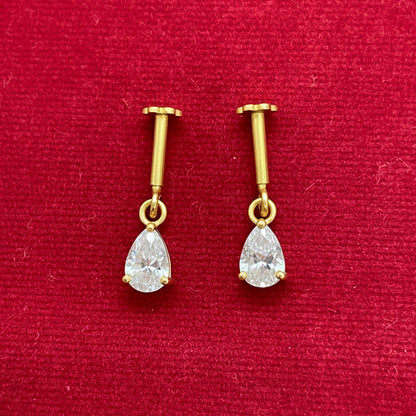 92.5 Silver Gold-Plated Bugadi for Women | White Pear-Cut CZ Dangle on Bar Stud | Helix Earring pair