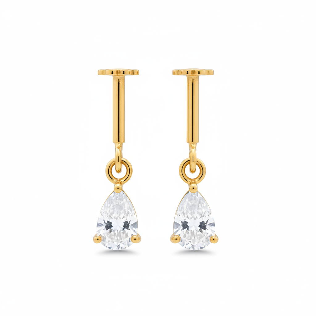 92.5 Silver Gold-Plated Bugadi for Women | White Pear-Cut CZ Dangle on Bar Stud | Helix Earring pair