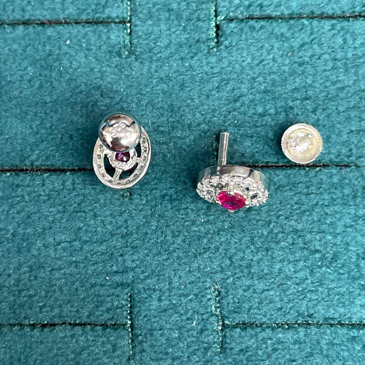 92.5 Sterling Silver Earrings for Women | Oval Pink Stone with Open White Stone Halo pair