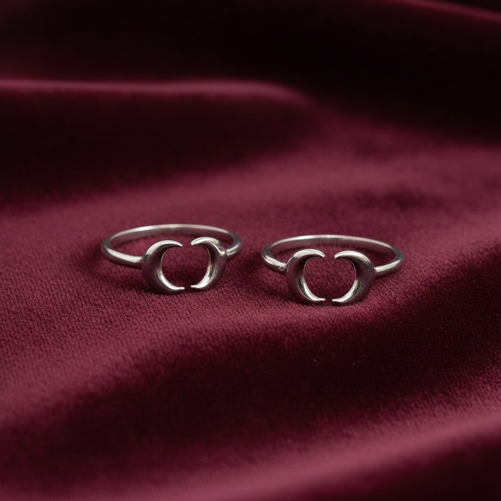 Two silver crescent moon open Toe rings displayed on a deep burgundy velvet fabric background.