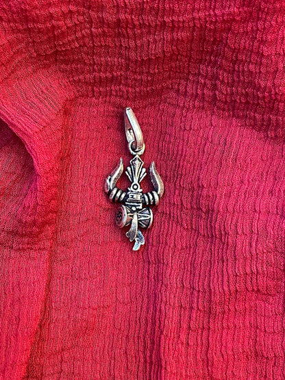 92.5 Silver Oxidised Trishul Damaru Pendant for Men & Women | Shiva Sacred Symbol | Antique Temple Jewellery