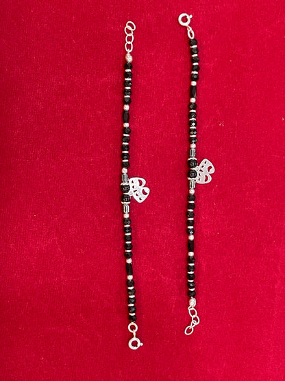 Silver Nazariya Black Bead Anklet for Kids | Set of 2 with Butterfly Charm