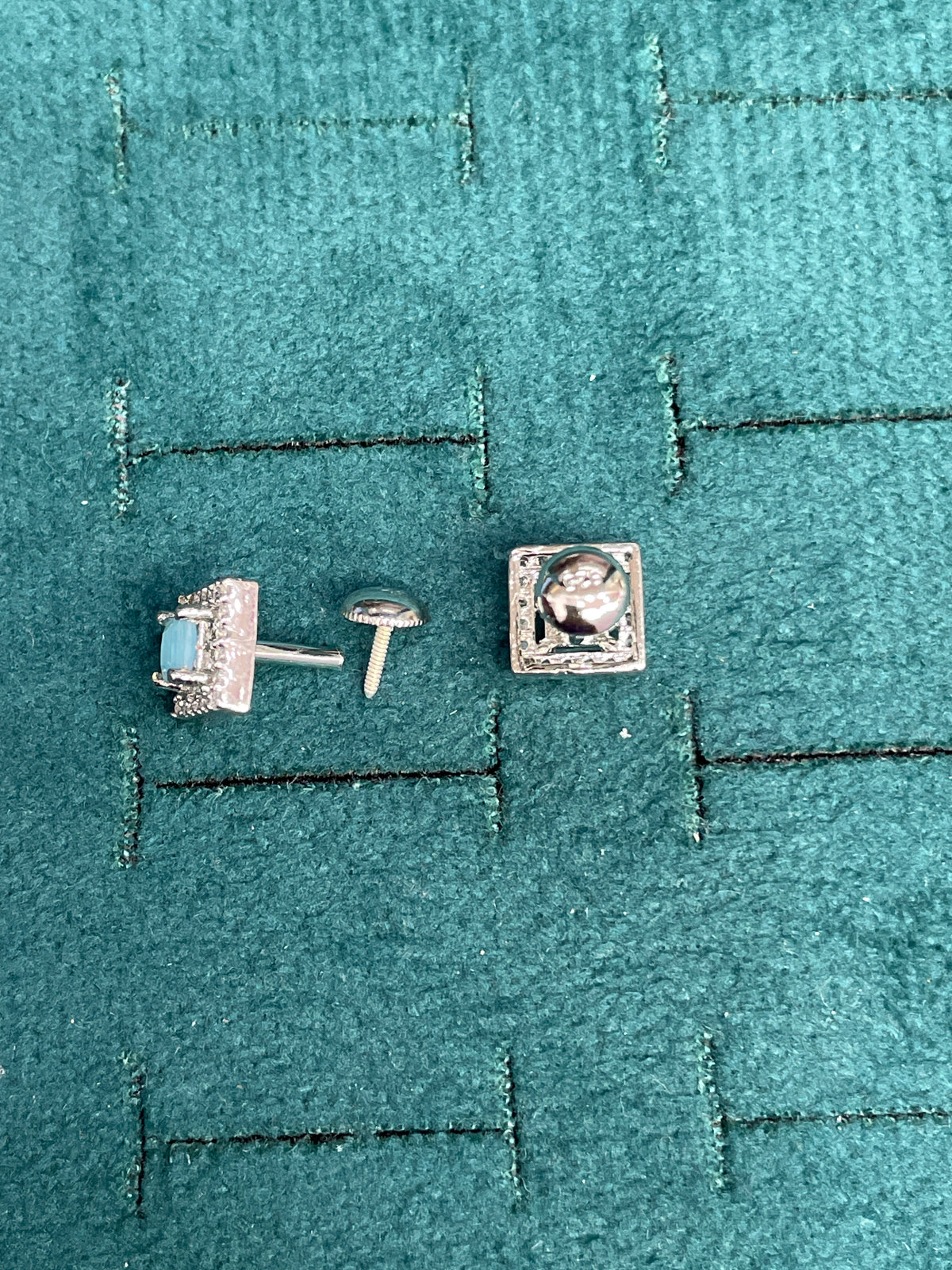 92.5 Sterling Silver Earrings for Women | Square Light Blue Stone with White Stone Halo pair