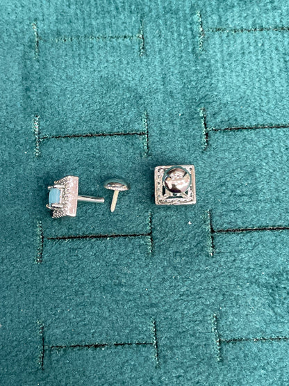 92.5 Sterling Silver Earrings for Women | Square Light Blue Stone with White Stone Halo pair