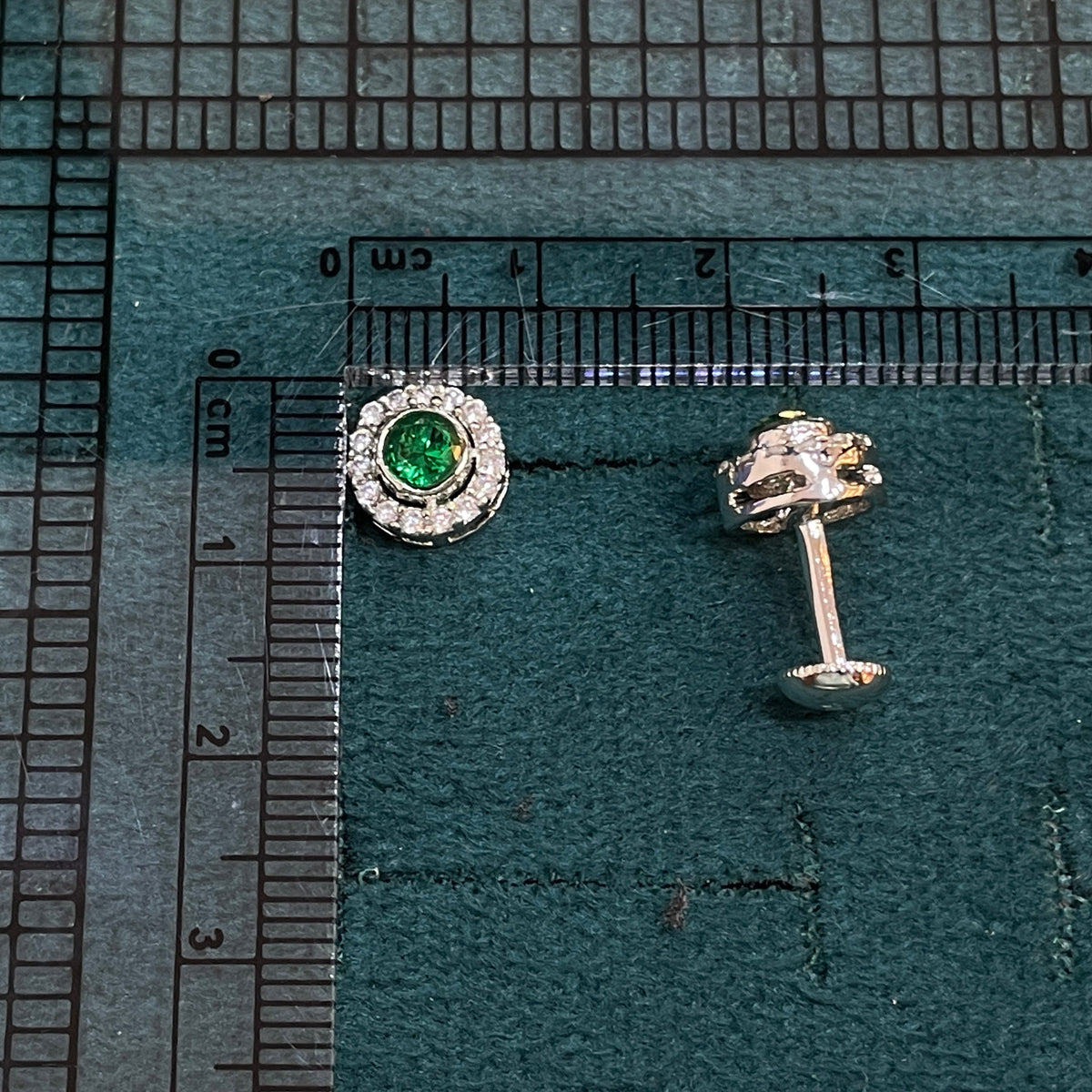 92.5 Sterling Silver Earrings for Women | Round Green Stone with White Stone Halo pair