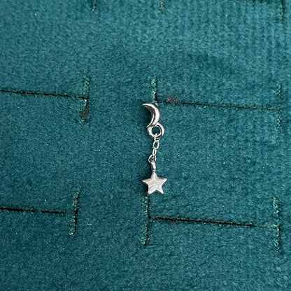 92.5 Sterling Silver Plain Crescent Moon Stud with Chain & Star Charm Drop Earrings for Women