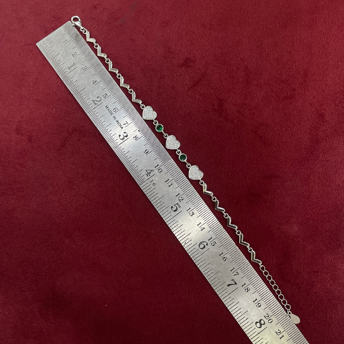 92.5 Silver Green Stone Heart Bracelet for Women