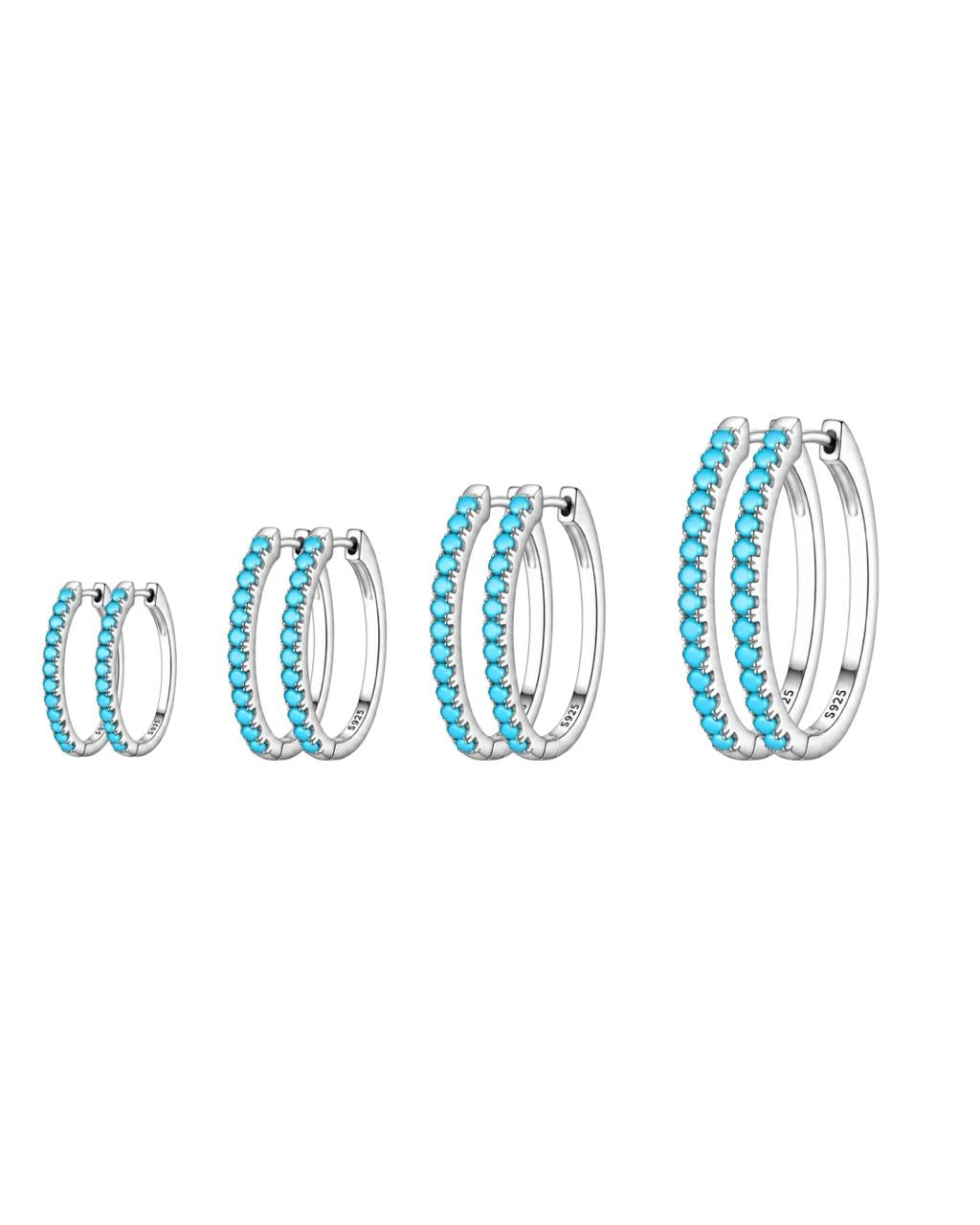 92.5 Silver Hoops with Turquoise Blue Stones - Pair