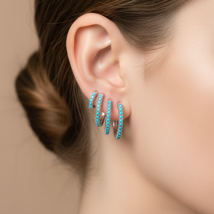 92.5 Silver Hoops with Turquoise Blue Stones - Pair