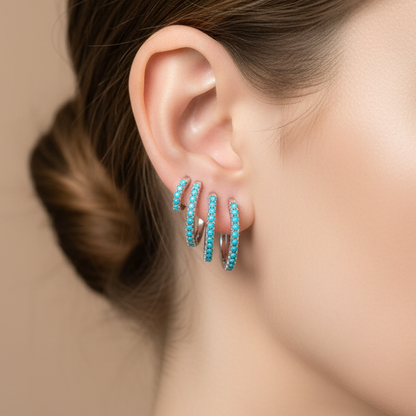 92.5 Silver Hoops with Turquoise Blue Stones - Pair