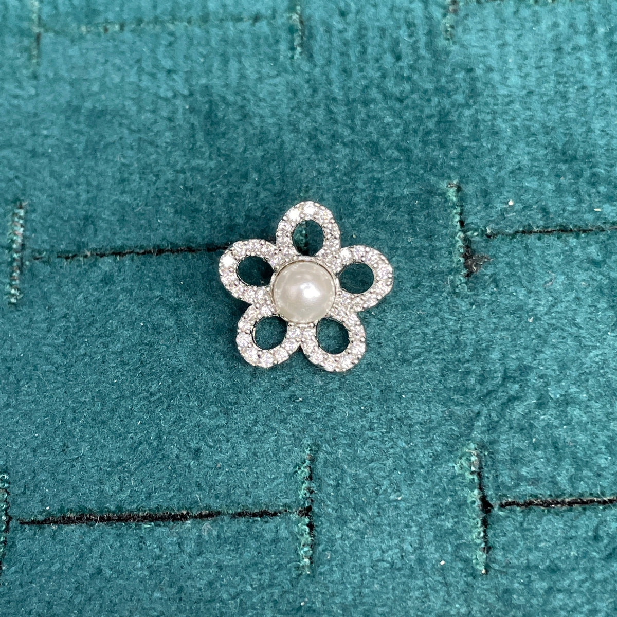 92.5 Sterling Silver Pave White CZ Open Five-Petal Flower & Pearl Centre Stud Earrings for Women