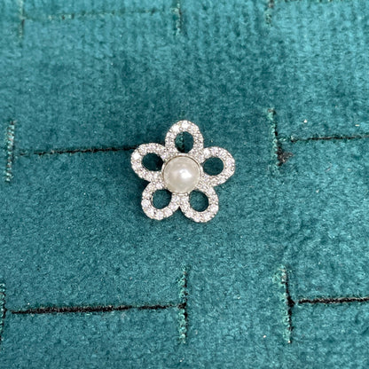 92.5 Sterling Silver Pave White CZ Open Five-Petal Flower & Pearl Centre Stud Earrings for Women