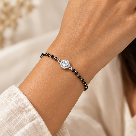 92.5 Silver Black Bead Bracelet with Emerald Cut CZ Halo Charm for Women