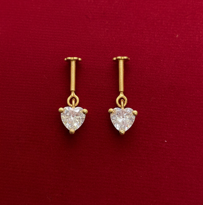 Gold Plated 92.5 Sterling Silver Heart CZ Solitaire Bugadi for Women | Minimal Heart Dangle Bar Drop | Helix Earring Pair