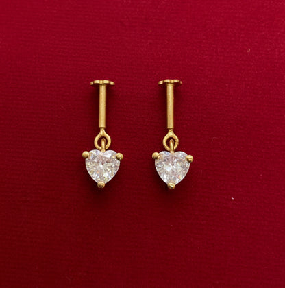 Gold Plated 92.5 Sterling Silver Heart CZ Solitaire Bugadi for Women | Minimal Heart Dangle Bar Drop | Helix Earring Pair