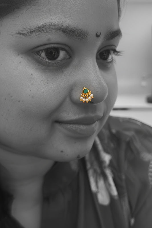 92.5 Silver Gold Plated Green Stone Nose Pin for Women | Elegant Stylish Design | Jewellery