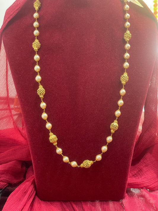 Silver pearls gold plated nakshi mala 21 inches