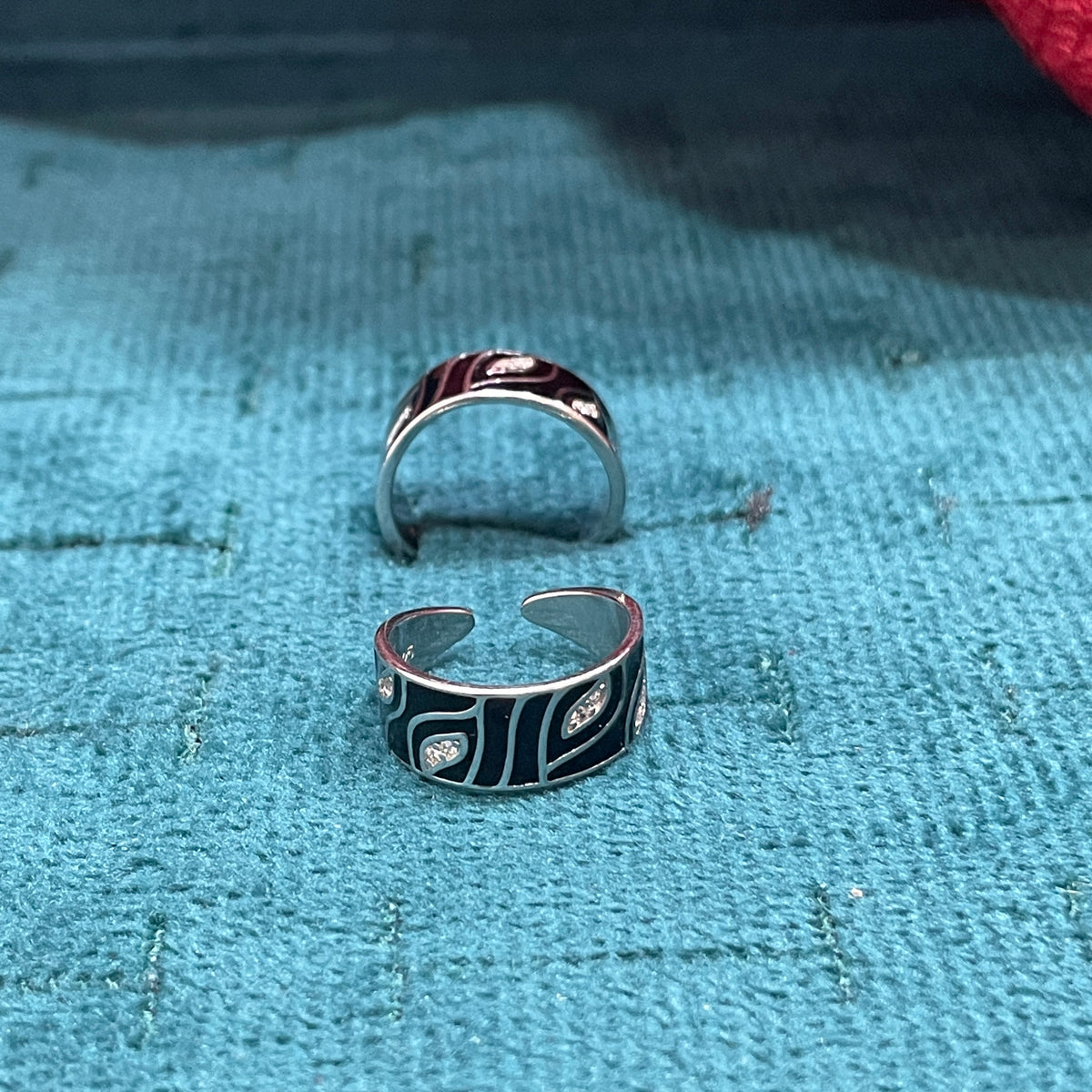 92.5 Sterling Silver Black Enamel & CZ Abstract Pattern Toe Rings for Women | Wide Band Adjustable Open Toe Ring Pair