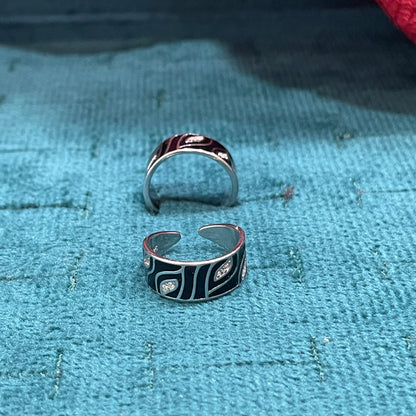 92.5 Sterling Silver Black Enamel & CZ Abstract Pattern Toe Rings for Women | Wide Band Adjustable Open Toe Ring Pair