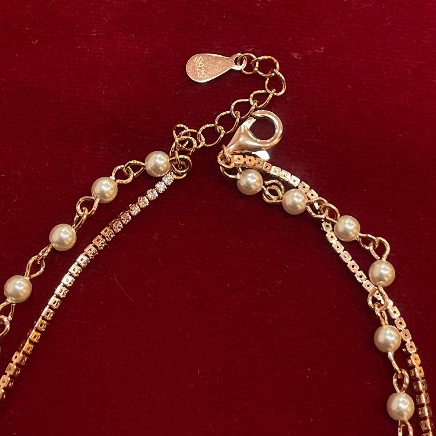 925 Silver Rose Gold Double Layer Pearl & CZ Anklet Pair