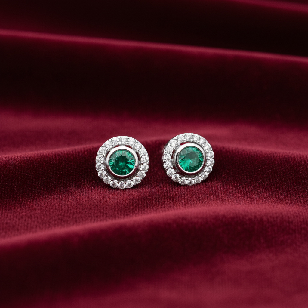 92.5 Sterling Silver Earrings for Women | Round Green Stone with White Stone Halo