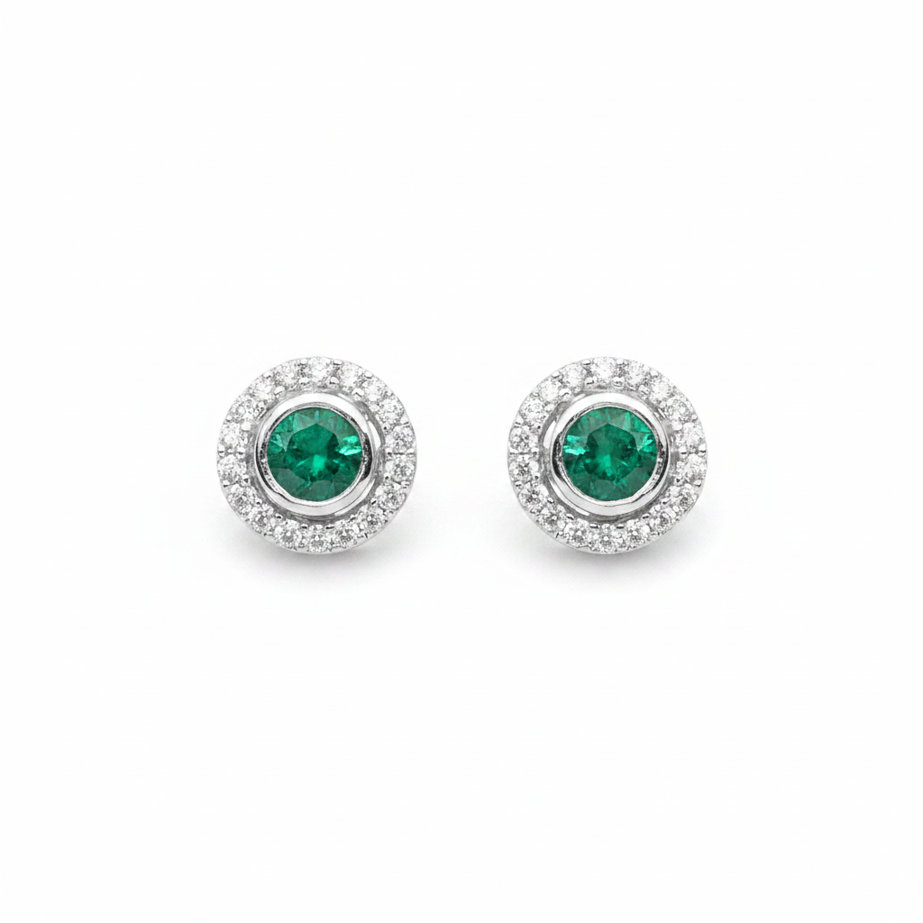 92.5 Sterling Silver Earrings for Women | Round Green Stone with White Stone Halo