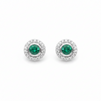 92.5 Sterling Silver Earrings for Women | Round Green Stone with White Stone Halo