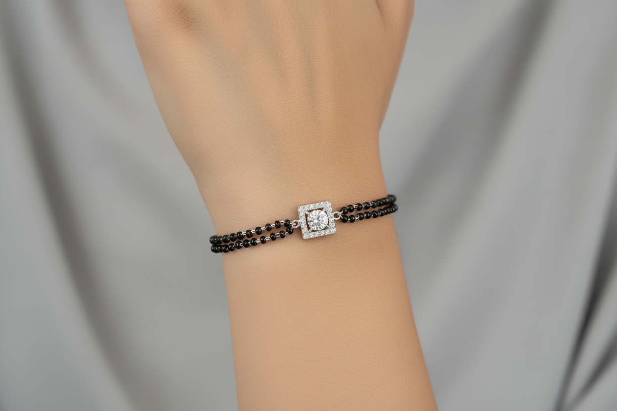 92.5 Silver Black Beads Bracelet for Women 8 Inches | Stylish Elegant Design | Everyday Wear Jewellery