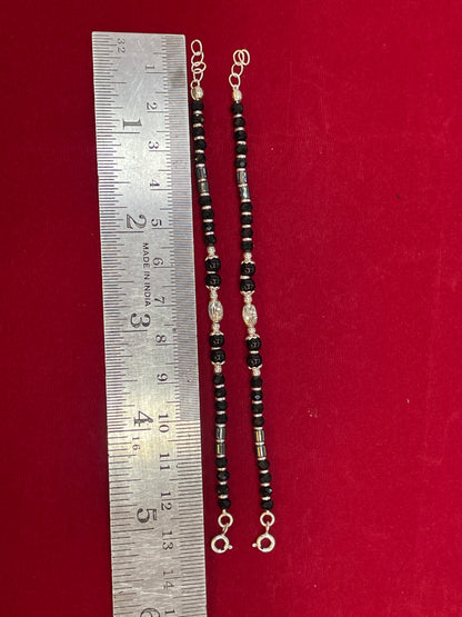 Silver Nazariya Black Bead Anklet for Kids | Set of 2 with CZ Oval Charm