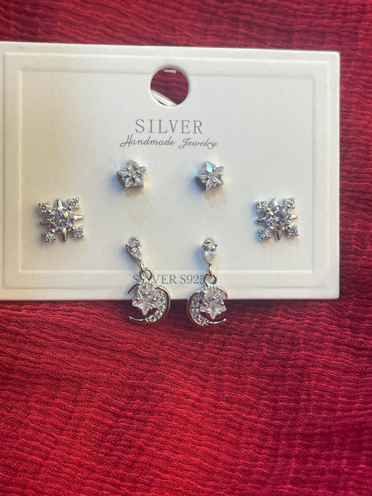 92.5 Silver Moon Earrings Stack for Women | Celestial Stud Set | Stylish Layered Jewellery