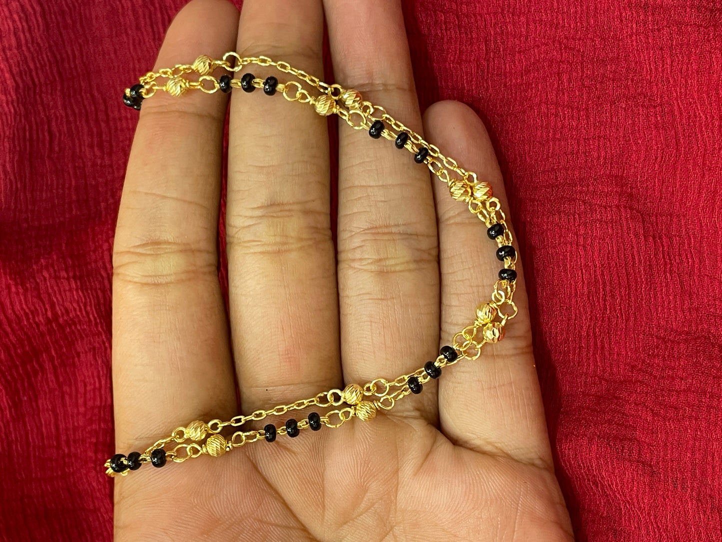 92.5 Silver Gold Plated Double Line Black Bead Bracelet for Women 8 Inches | Stylish Layered Design | Elegant Jewellery