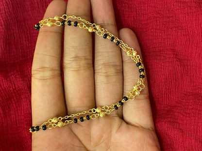 92.5 Silver Gold Plated Double Line Black Bead Bracelet for Women 8 Inches | Stylish Layered Design | Elegant Jewellery