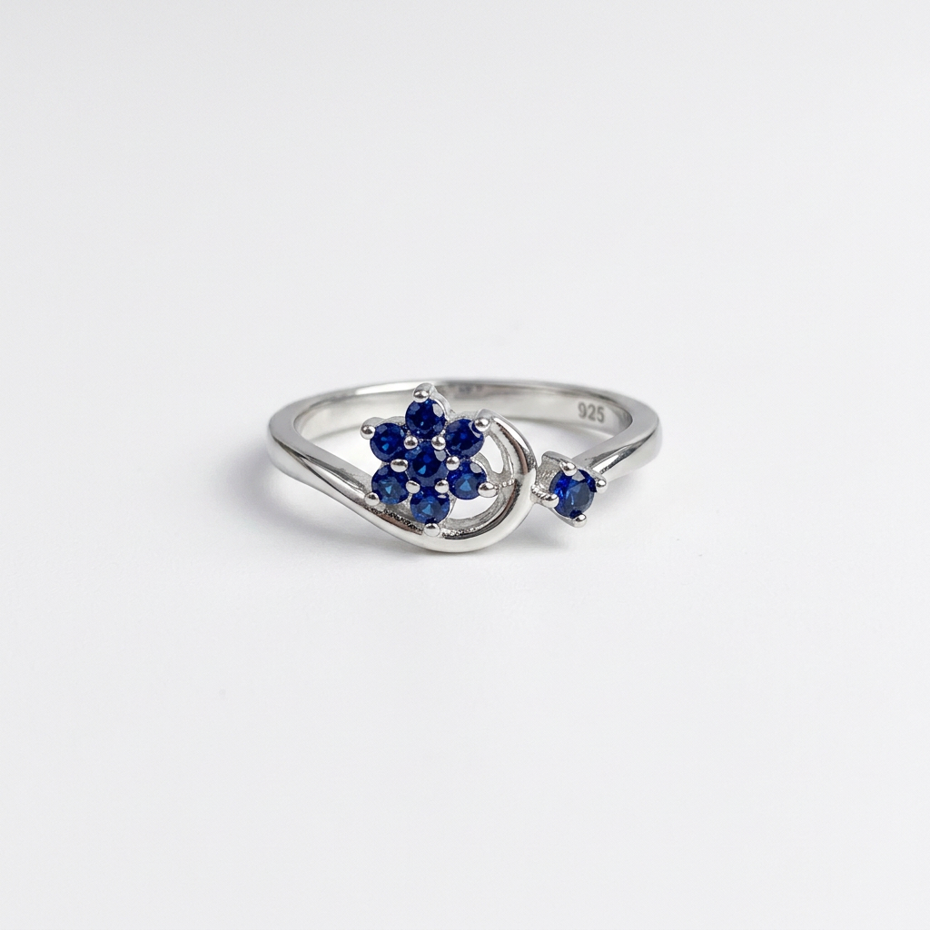 92.5 Silver Blue Stone Floral Ring for Women - Size 14