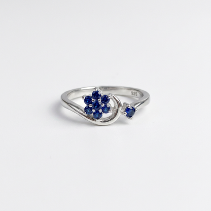 92.5 Silver Blue Stone Floral Ring for Women - Size 14