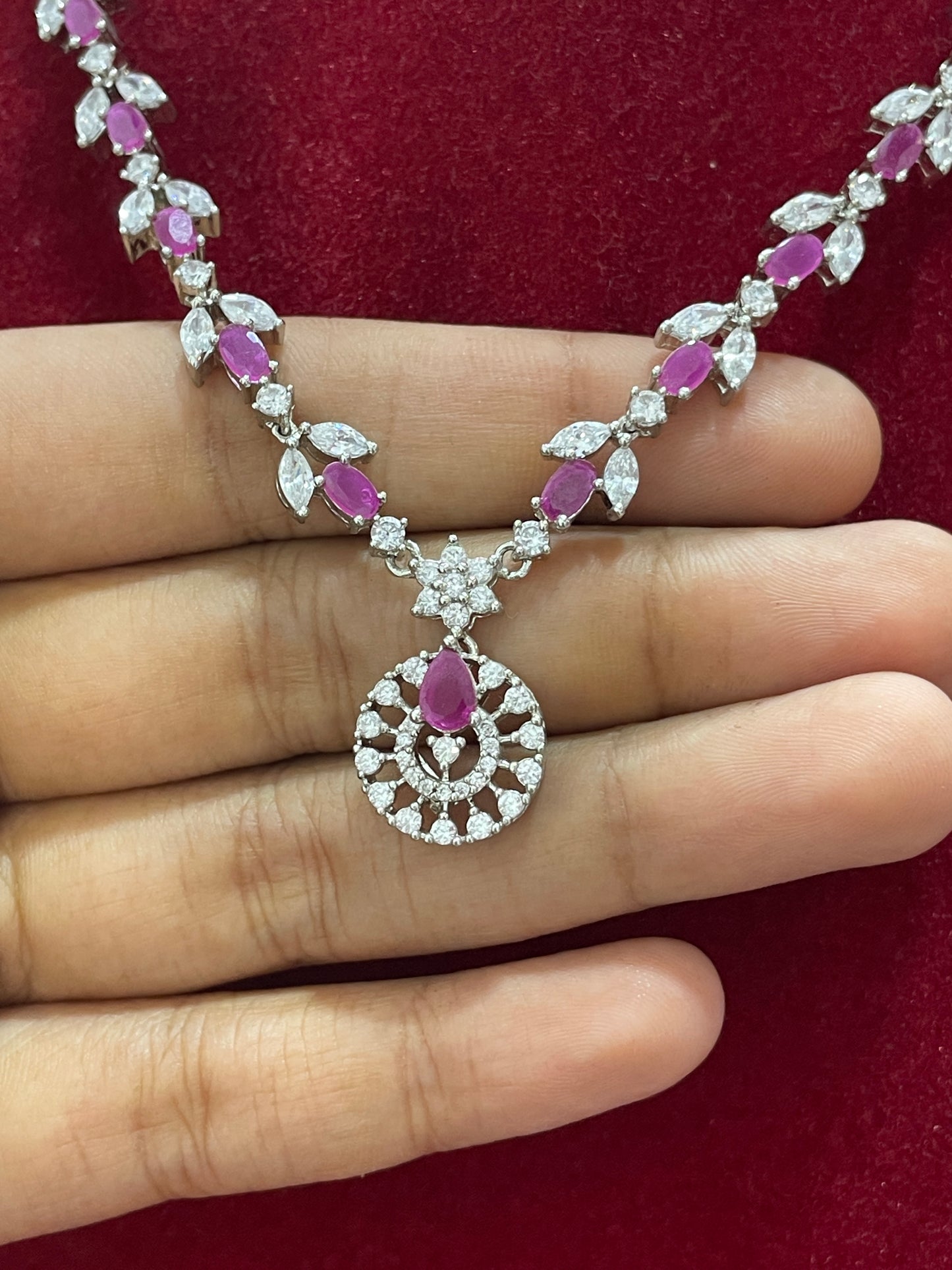 92.5 Silver Pink & White Stone Necklace for Women 18 Inches | Stylish Elegant Design | Premium Jewellery