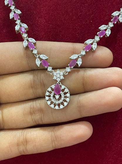 92.5 Silver Pink & White Stone Necklace for Women 18 Inches | Stylish Elegant Design | Premium Jewellery