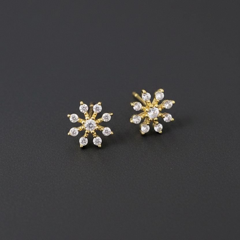 925 Silver Gold Starburst Stud Earrings | CZ Sparkle Earrings with Ball Screw Back