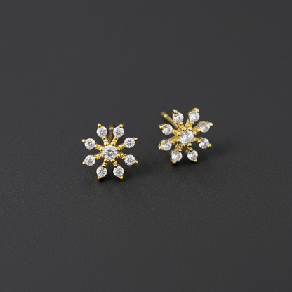 925 Silver Gold Starburst Stud Earrings | CZ Sparkle Earrings with Ball Screw Back