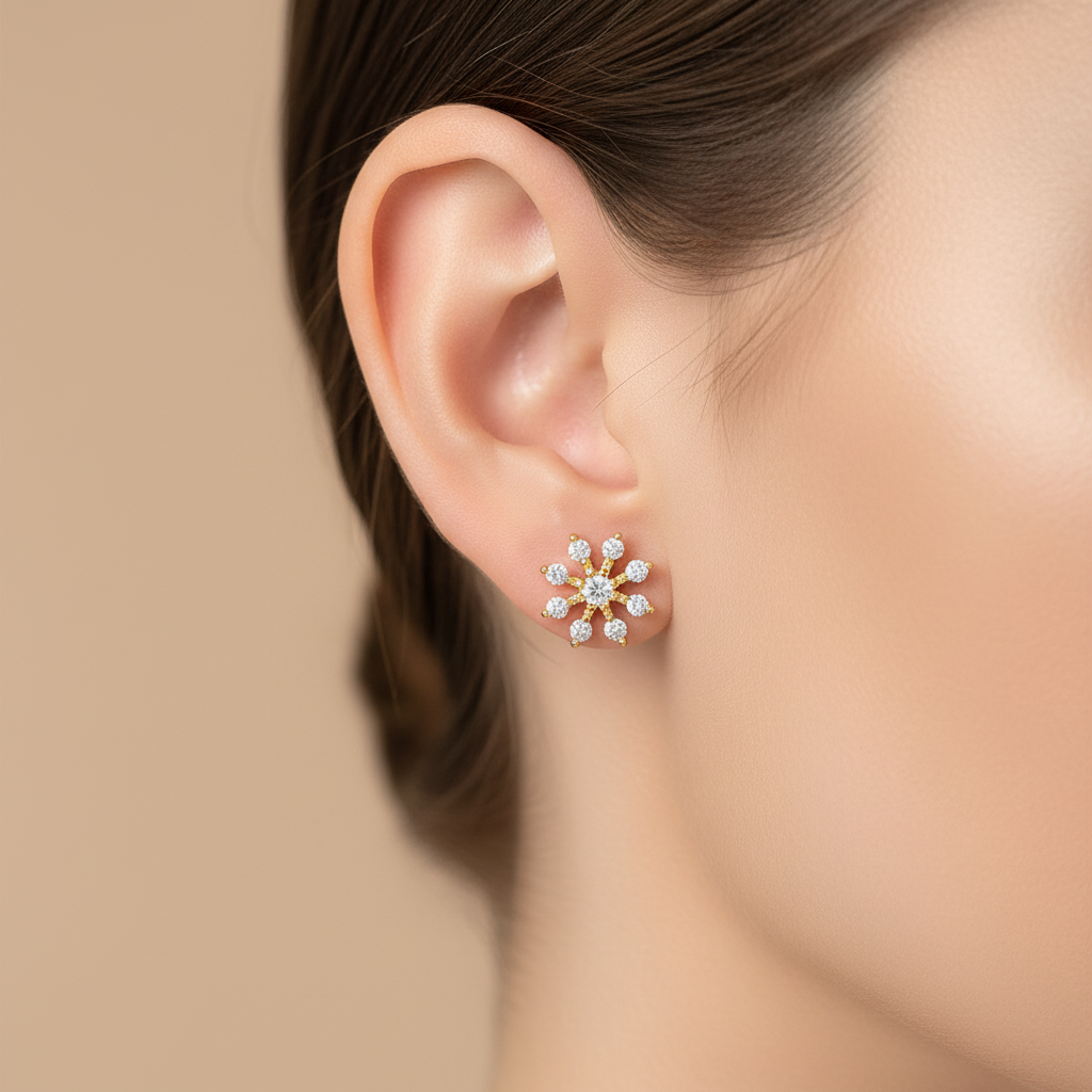 925 Silver Gold Starburst Stud Earrings | CZ Sparkle Earrings with Ball Screw Back