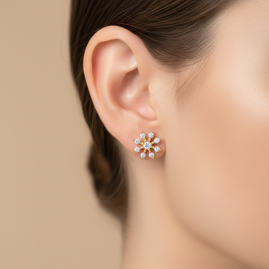 925 Silver Gold Starburst Stud Earrings | CZ Sparkle Earrings with Ball Screw Back