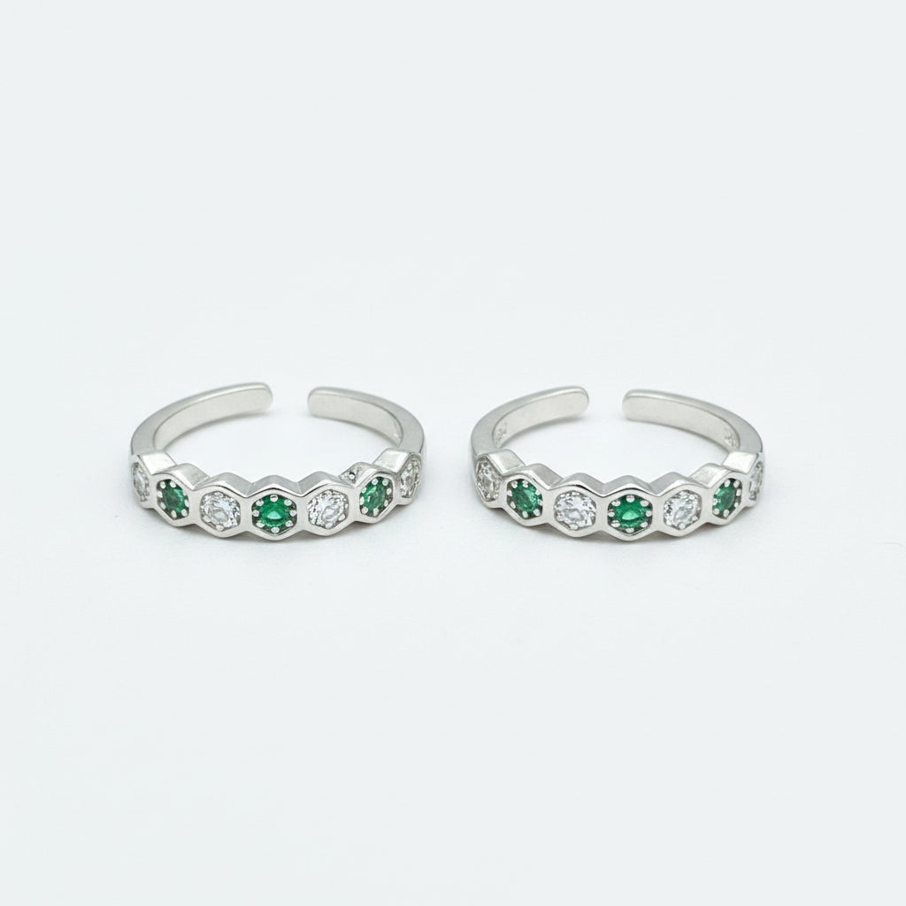 92.5 Sterling Silver Emerald Green & White CZ Hexagon Eternity Band Open Toe Rings for Women — Pair