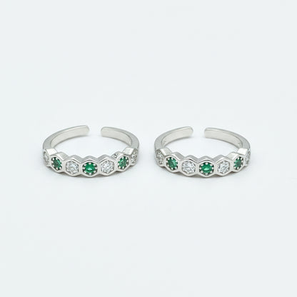 92.5 Sterling Silver Emerald Green & White CZ Hexagon Eternity Band Open Toe Rings for Women — Pair