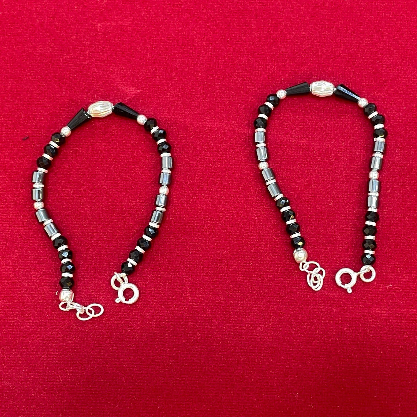 Silver Nazariya Black Bead  Anklet Set for Kids | Engraved Barrel Charm