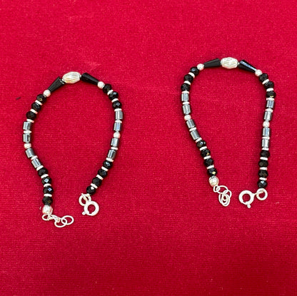 Silver Nazariya Black Bead  Anklet Set for Kids | Engraved Barrel Charm