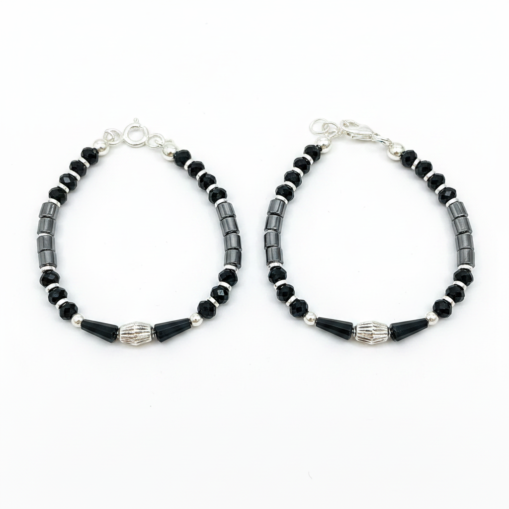 Silver Nazariya Black Bead  Anklet Set for Kids | Engraved Barrel Charm