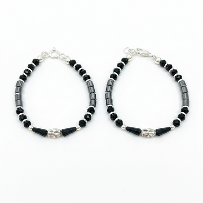 Silver Nazariya Black Bead  Anklet Set for Kids | Engraved Barrel Charm